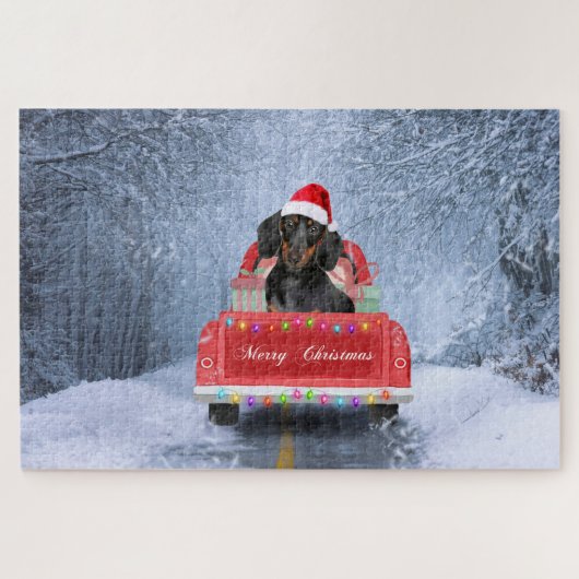 Dachshund Dog in sneeuw, met kersttruck Legpuzzel (Horizontaal)