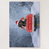 Dachshund Dog in sneeuw, met kersttruck Legpuzzel (Verticaal)