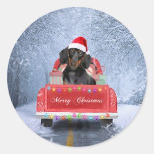 Dachshund Dog in sneeuw, met kersttruck Ronde Sticker