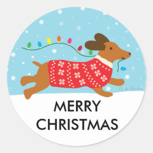 Dachshund Dog in Sneeuwkerst Ronde Sticker