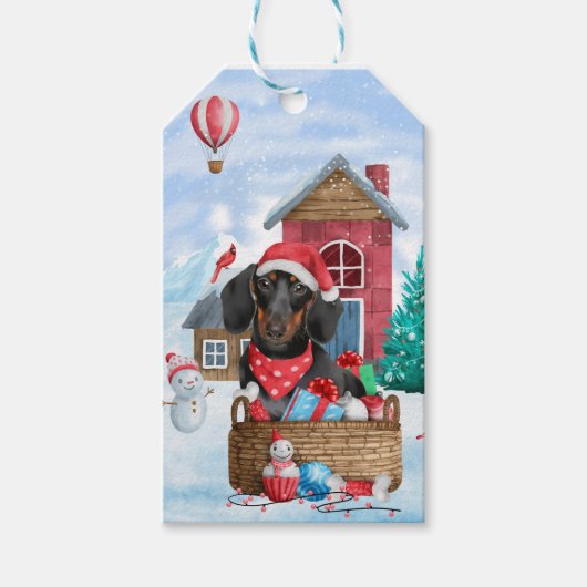 Dachshund Dog in sneeuwkersthondenhuis Cadeaulabel (Voorkant)