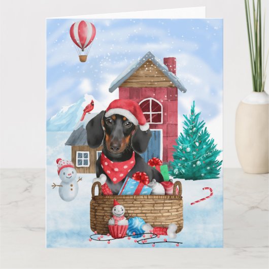 Dachshund Dog in sneeuwkersthondenhuis Kaart (Voorkant)