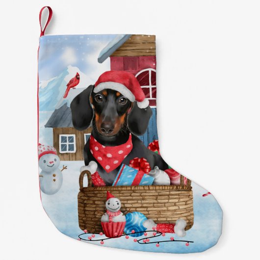 Dachshund Dog in sneeuwkersthondenhuis Kleine Kerstsok (Voorkant)