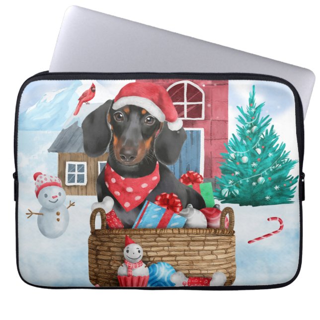 Dachshund Dog in sneeuwkersthondenhuis Laptop Sleeve (Voorkant)