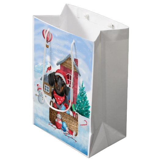 Dachshund Dog in sneeuwkersthondenhuis Medium Cadeauzakje (Voorkant Gekanteld)