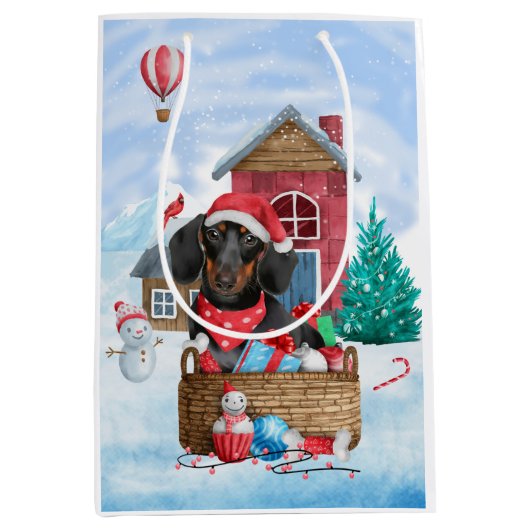 Dachshund Dog in sneeuwkersthondenhuis Medium Cadeauzakje (Voorkant)