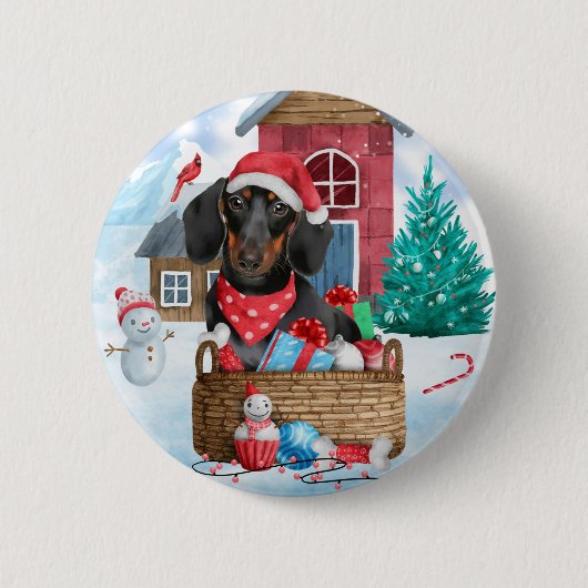 Dachshund Dog in sneeuwkersthondenhuis Ronde Button 5,7 Cm (Voorkant)