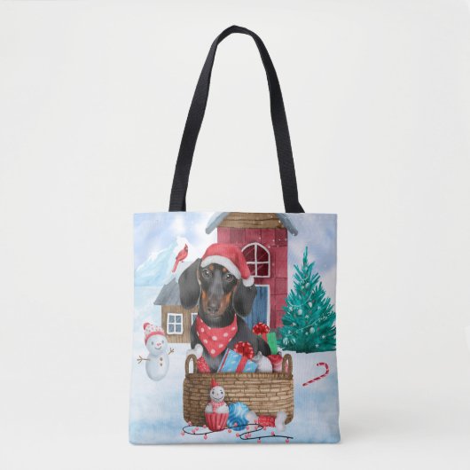 Dachshund Dog in sneeuwkersthondenhuis Tote Bag (Voorkant)