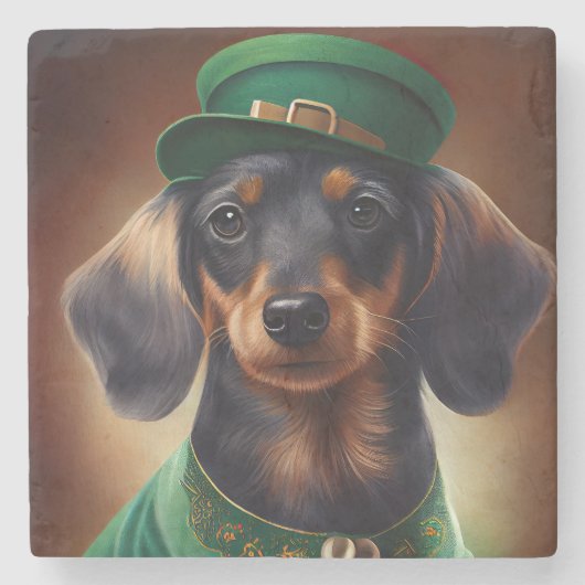 Dachshund Dog in St. Patrick's Day Dress Stenen Onderzetter (Voorkant)