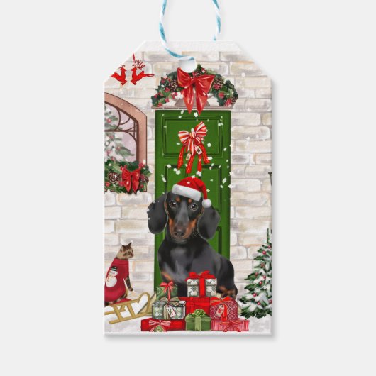 Dachshund Dog Kerstmis Cadeaulabel (Voorkant)