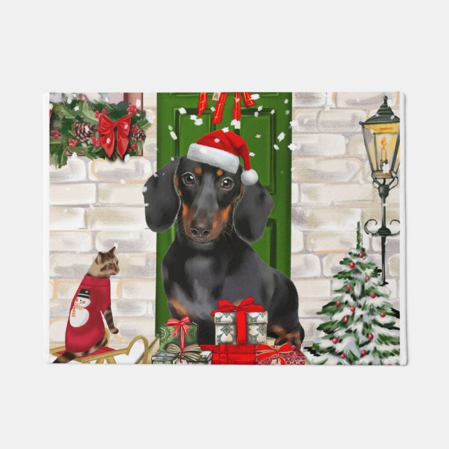 Dachshund Dog Kerstmis Deurmat (Voorkant)