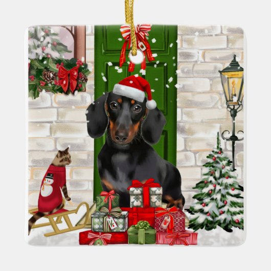 Dachshund Dog Kerstmis Keramisch Ornament (Voorkant)