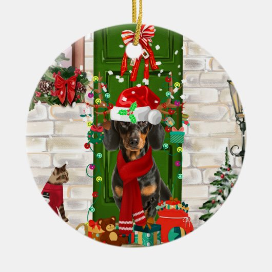 Dachshund Dog Kerstmis Keramisch Ornament (Voorkant)