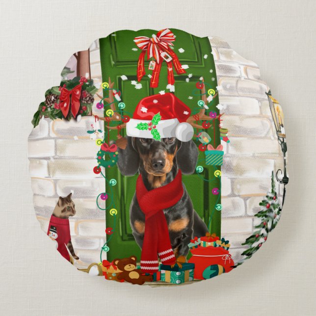 Dachshund Dog Kerstmis Rond Kussen (Voorkant)