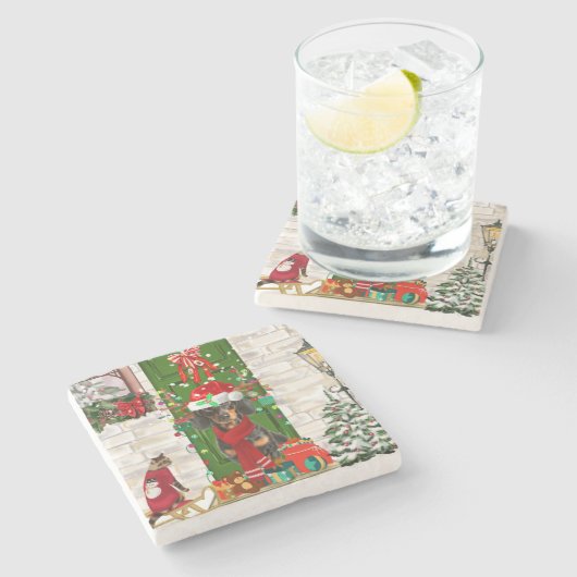 Dachshund Dog Kerstmis Stenen Onderzetter (Zijkant)