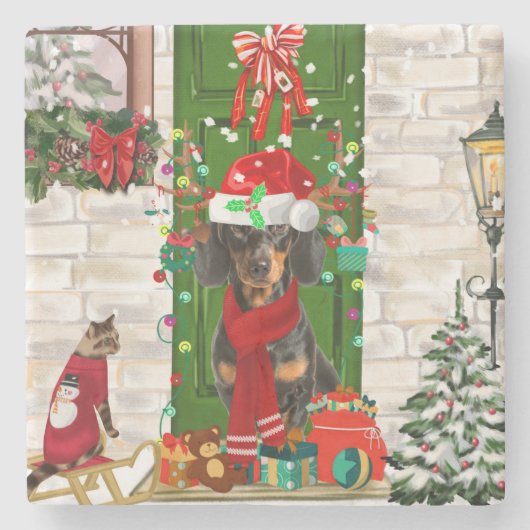 Dachshund Dog Kerstmis Stenen Onderzetter (Voorkant)
