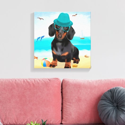 Dachshund Dog op strand Canvas Afdruk (Insitu (Woonkamer))