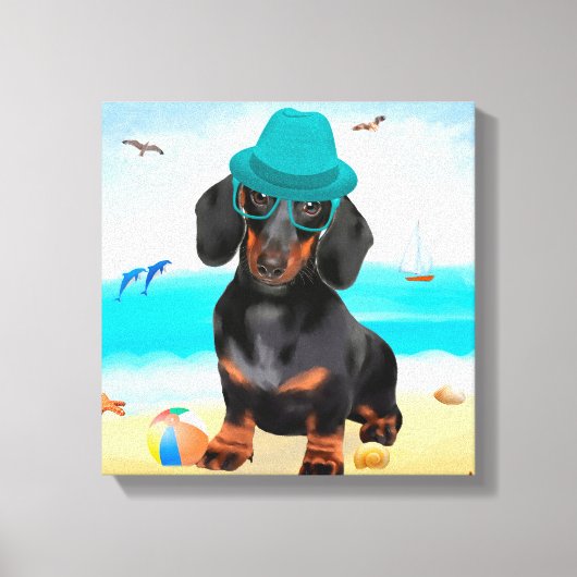 Dachshund Dog op strand Canvas Afdruk (Voorkant)