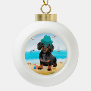 Dachshund Dog op strand Keramische Bal Ornament