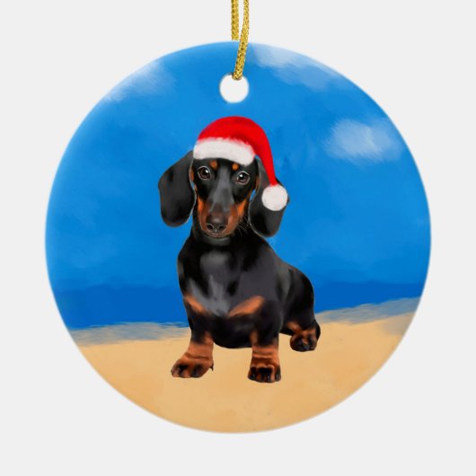 Dachshund Dog Op Strand Kerst Pet Keramisch Ornament (Voorkant)