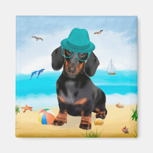 Dachshund Dog op strand Magneet