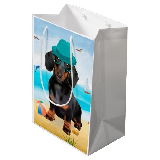 Dachshund Dog op strand Medium Cadeauzakje (Achterkant Gekanteld)