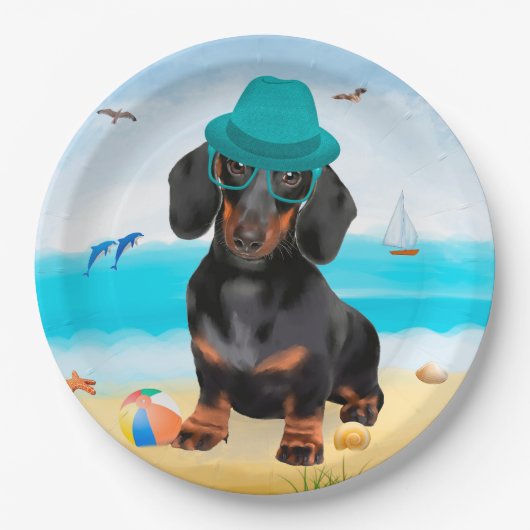 Dachshund Dog op strand Papieren Bordje (Voorkant)