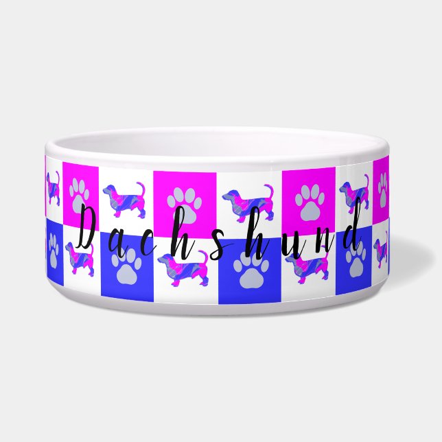 Dachshund Dog & Paw Hot Pink en Blue Pet Bowl Voerbakje (Voorkant)