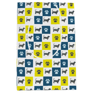 Dachshund Dog & Paw Yellow & Black Grid Line Medium Cadeauzakje