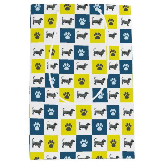 Dachshund Dog & Paw Yellow & Black Grid Line Medium Cadeauzakje (Voorkant)