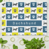 Dachshund Dog & Paw Yellow & Blue Grid Theedoek (Gevouwen)