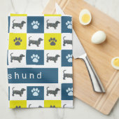 Dachshund Dog & Paw Yellow & Blue Grid Theedoek (Quarter Fold)