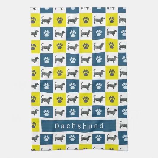 Dachshund Dog & Paw Yellow & Blue Grid Theedoek (Verticaal)
