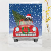 Dachshund Dog rijdt met sneeuwkerst Kaart (Gele Bloem)