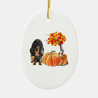 Dachshund Dog Scarf Pumpkin Autumn Leaves Herfst Keramisch Ornament