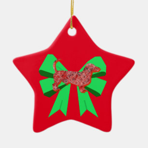 Dachshund Dog Silhouette Red en Green Bow Kerstmis Keramisch Ornament