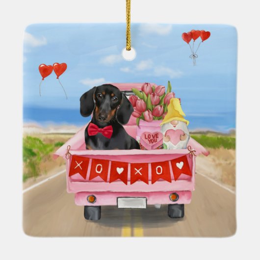 Dachshund Dog Valentijnsdag Truck Hearts Keramisch Ornament (Achterkant)