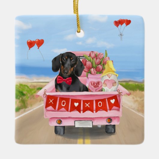 Dachshund Dog Valentijnsdag Truck Hearts Keramisch Ornament (Voorkant)