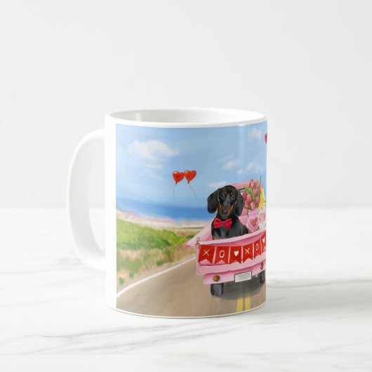 Dachshund Dog Valentijnsdag Truck Hearts Koffiemok (Voorkant links)
