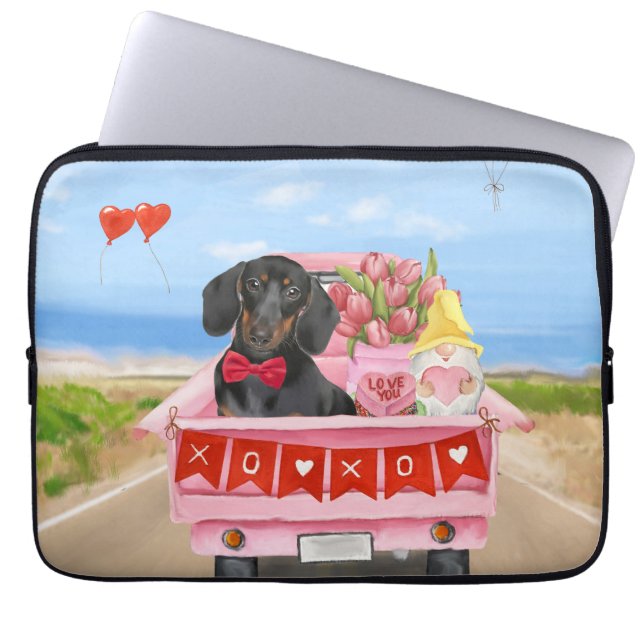 Dachshund Dog Valentijnsdag Truck Hearts Laptop Sleeve (Voorkant)