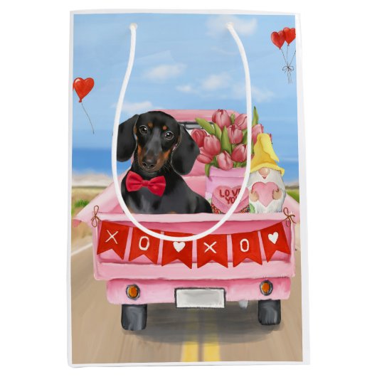 Dachshund Dog Valentijnsdag Truck Hearts Medium Cadeauzakje (Voorkant)