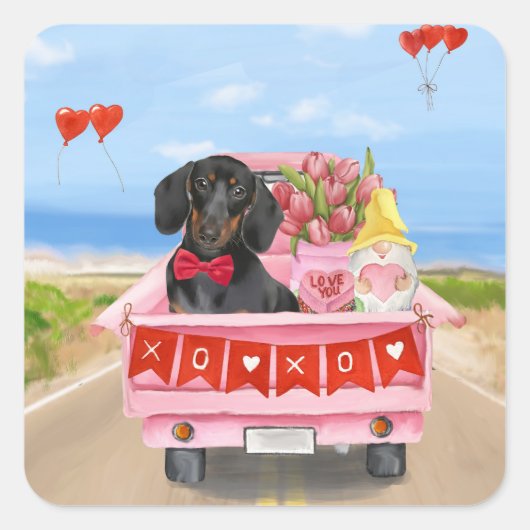 Dachshund Dog Valentijnsdag Truck Hearts Vierkante Sticker (Voorkant)
