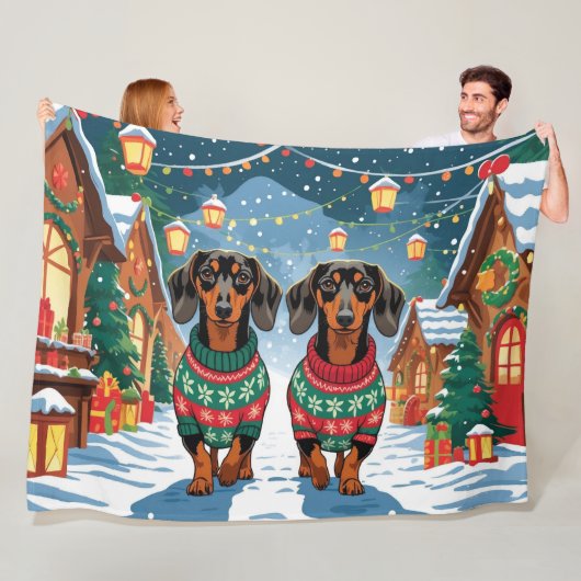 Dachshund Dogs Christmas Snow Holiday Fleece Deken (In situ)
