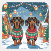 Dachshund Dogs Christmas Snow Holiday Vierkante Sticker (Voorkant)