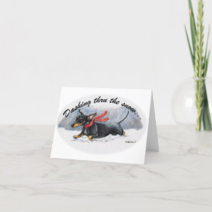 Dachshund door de sneeuw dravend Kerstansichtkaart Kaart