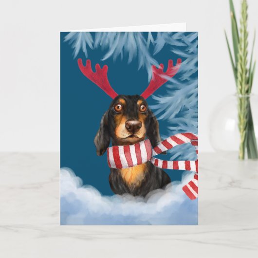 Dachshund door de sneeuw feestdagen kaart (Voorkant)