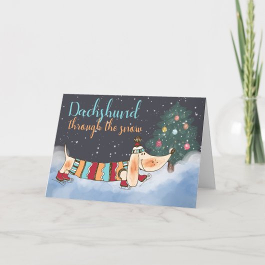 Dachshund door de sneeuw feestdagen kaart (Voorkant)