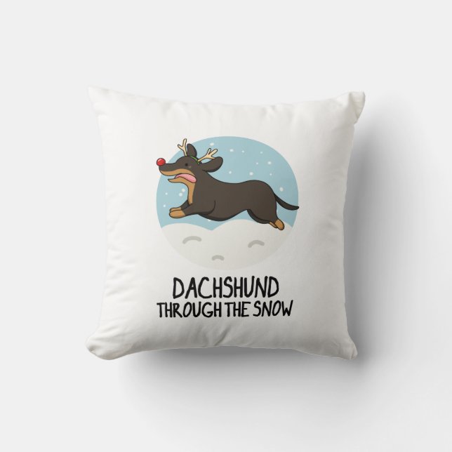 Dachshund door de sneeuw grappige kerst woordspeli kussen (Voorkant)