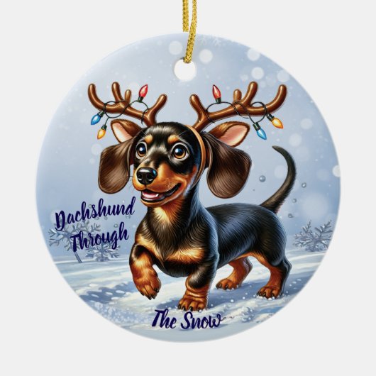 Dachshund door de sneeuw keramisch ornament (Voorkant)