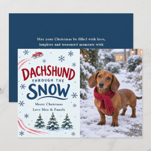 Dachshund Door de Sneeuw Kerst Foto Feestdagenkaart